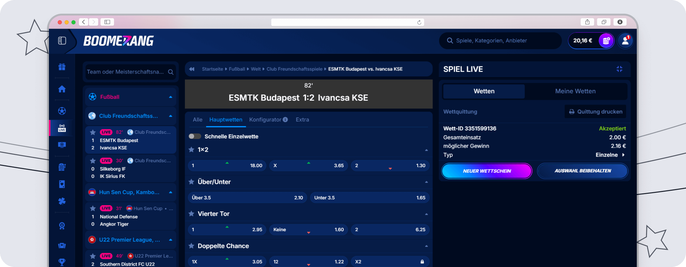 Eine Liste von Live-Events im 1X2-Markt mit Live-Streams